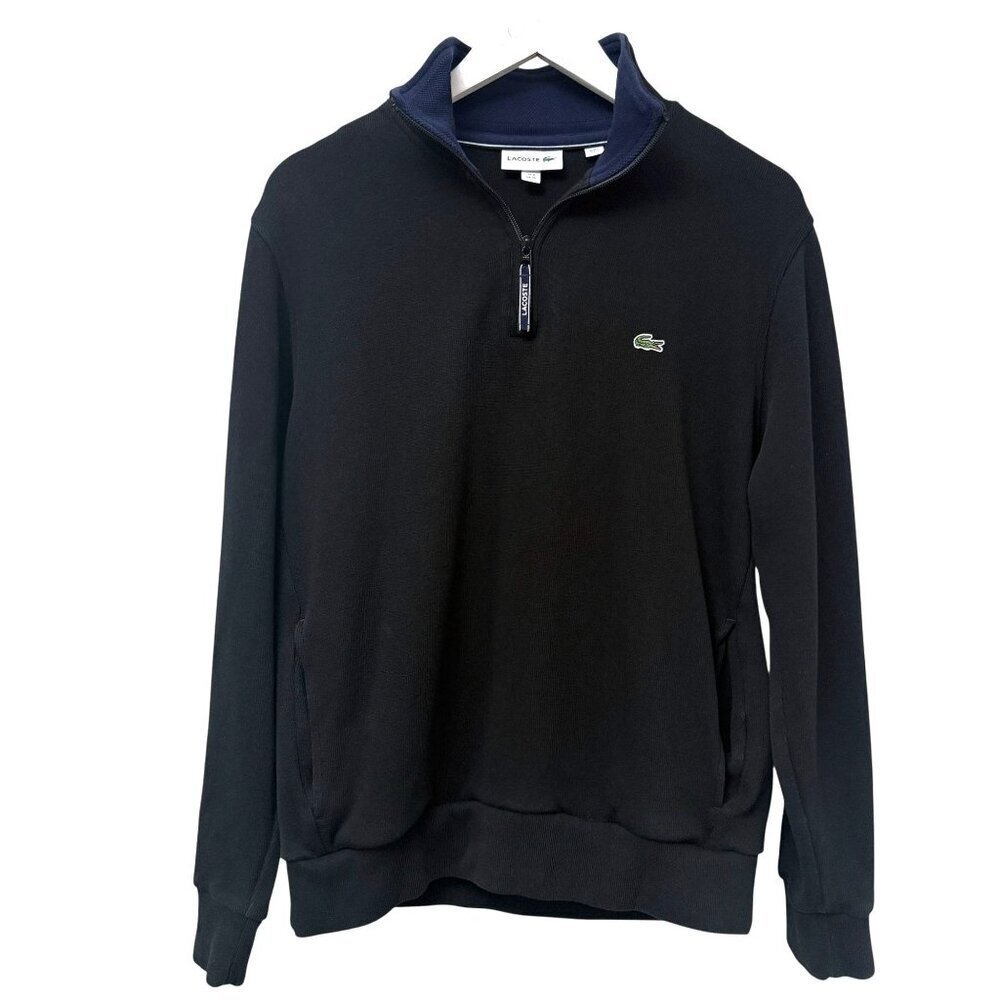 LACOSTE Men's Rib Interlock 1/4 Zip Sweatshirt XL Cotton Sweater Black Crocodile